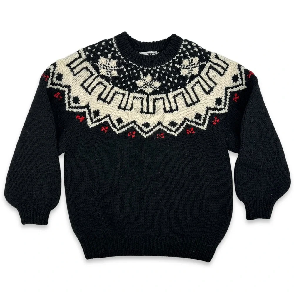 VTG Currents Australia Fair Isle Sweater Oversized Sz S‎ 100% Wool Black Cream